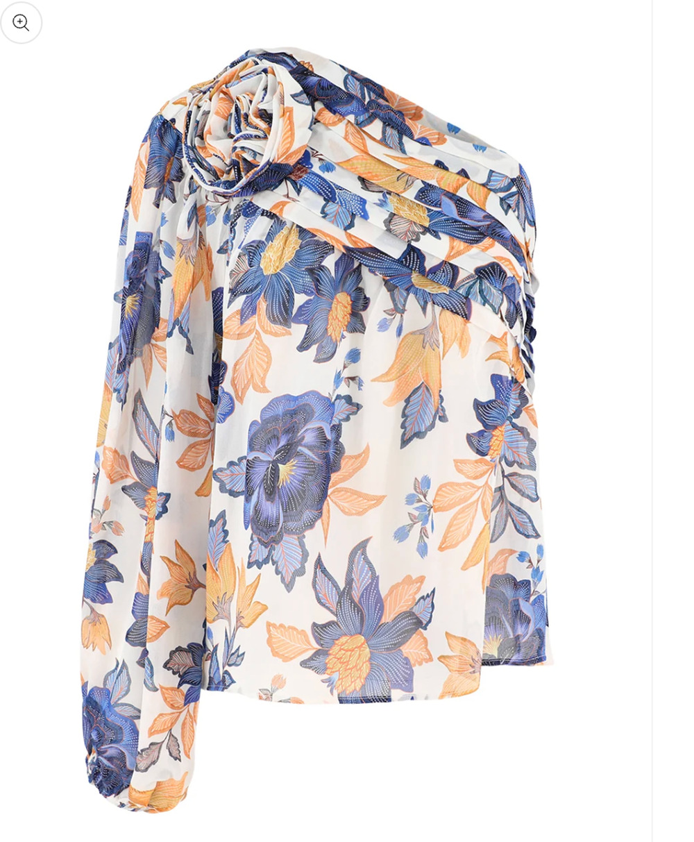 FARM Rio Summer Flowers 3D Rose One Shoulder Blouse XS NWT Floral Resortwear Top